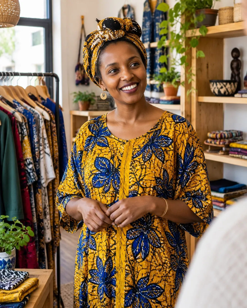 Independent shop owner greeting a customer in her store